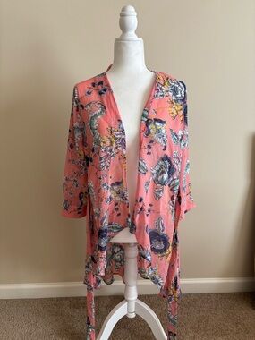 New York & Company Coral Floral Open-Front Kimono